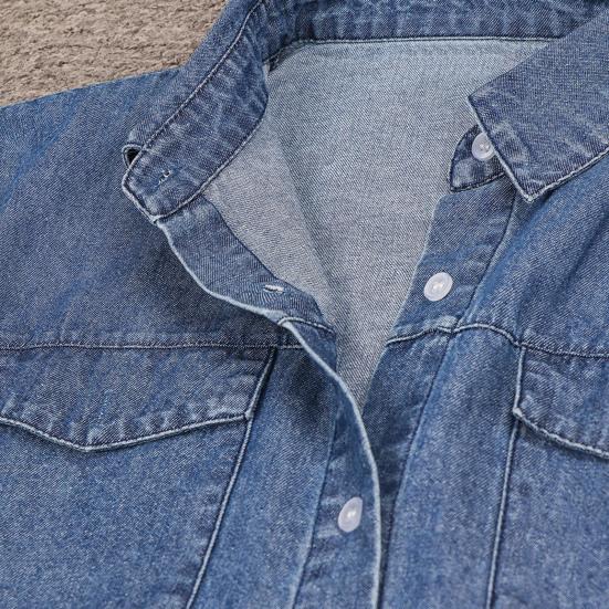 Women Denim Dress Short Sleeve Single-breasted Turn Down Collar Pockets Loose Maxi