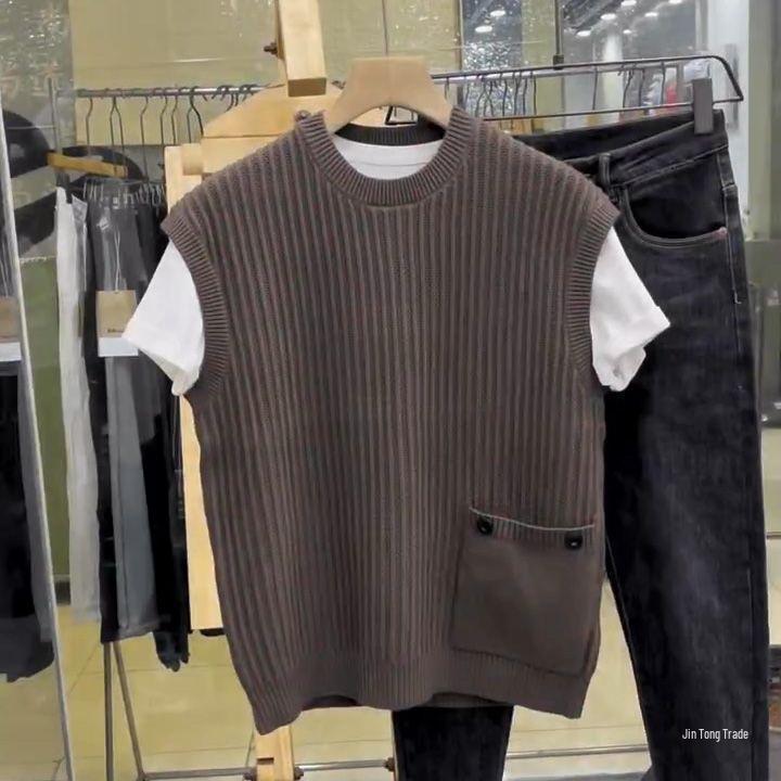 Men's Sleeveless Wool Sweater - Round Neck Knit, Autumn/Winter Casual Fashion, Youth Trend, Solid Color.