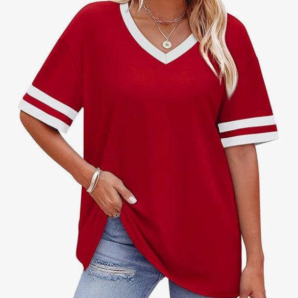 2026 Women's V-Neck Striped Color Block Loose Casual Sports Top