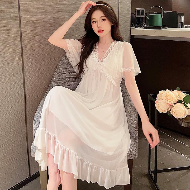 Summer V-Neck Mesh Lace Nightdress Short Sleeve Pure Princess Style Sweet Lace Sexy Loungewear Pajamas