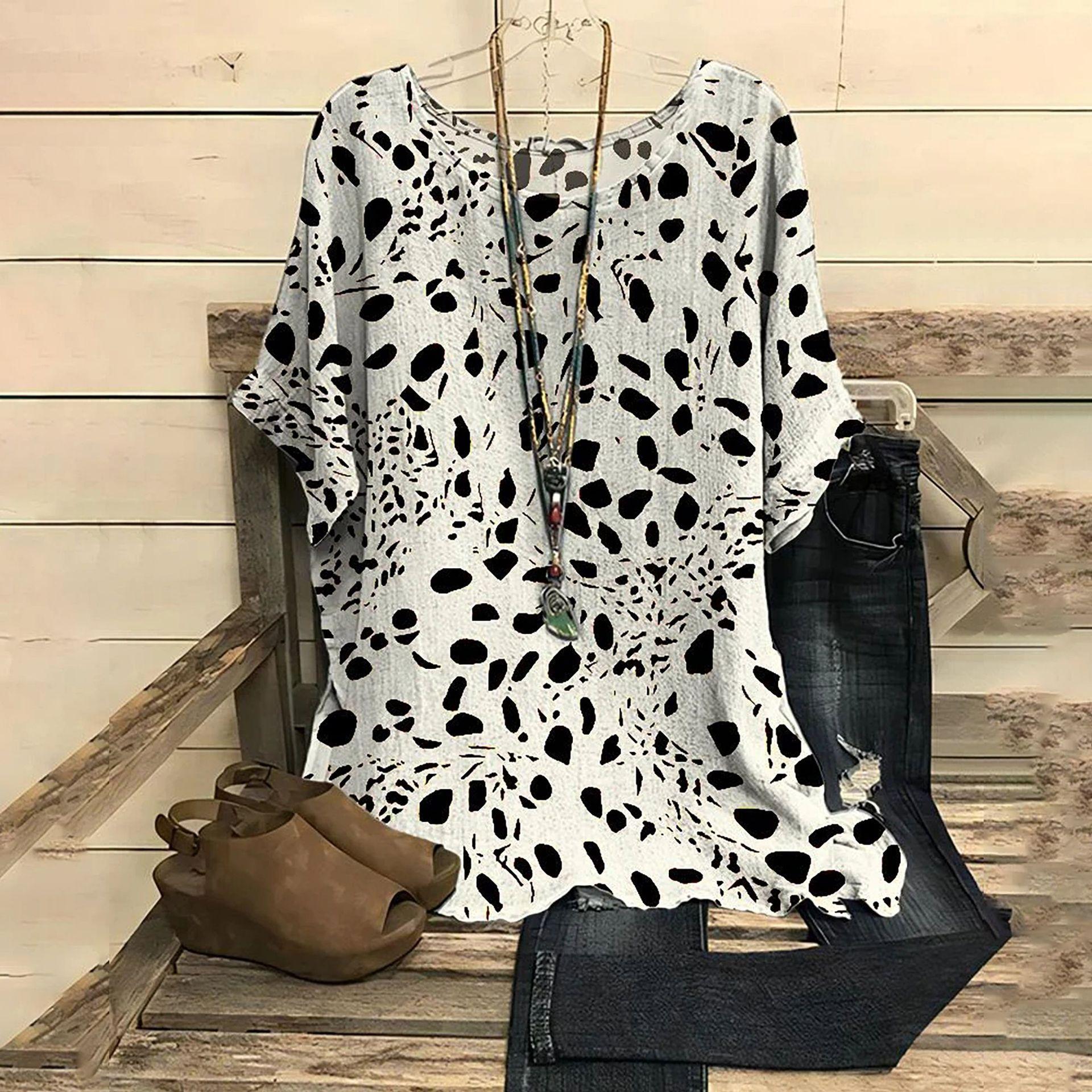 

Летняя женская футболка в горошек с богемным пятнистым принтом, круглым вырезом и коротким рукавом 5XL чёрный/серый