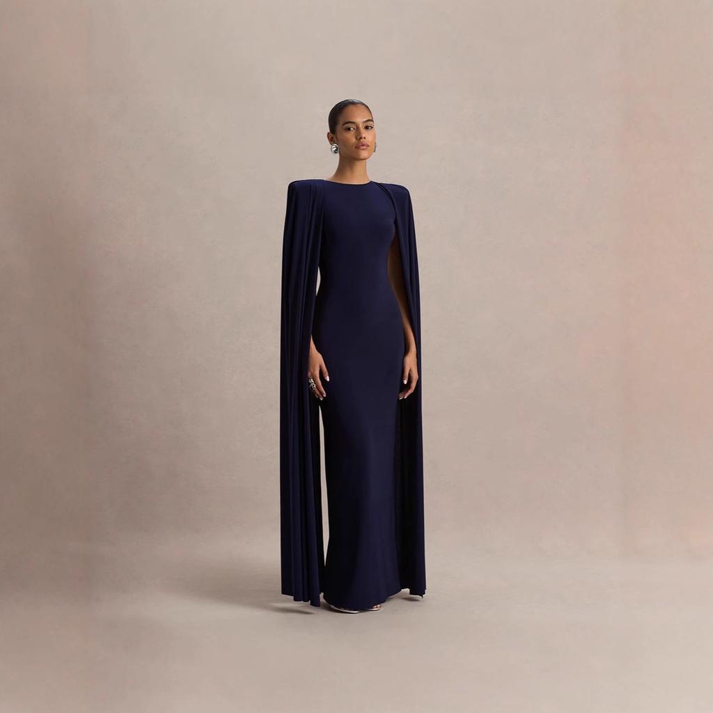 Women Coral Orange Round Neck Cape Sleeve Maxi Dress Plus Size Slim Fit Bodycon Elegant Formal Evening Prom Party Wedding Guest Gown