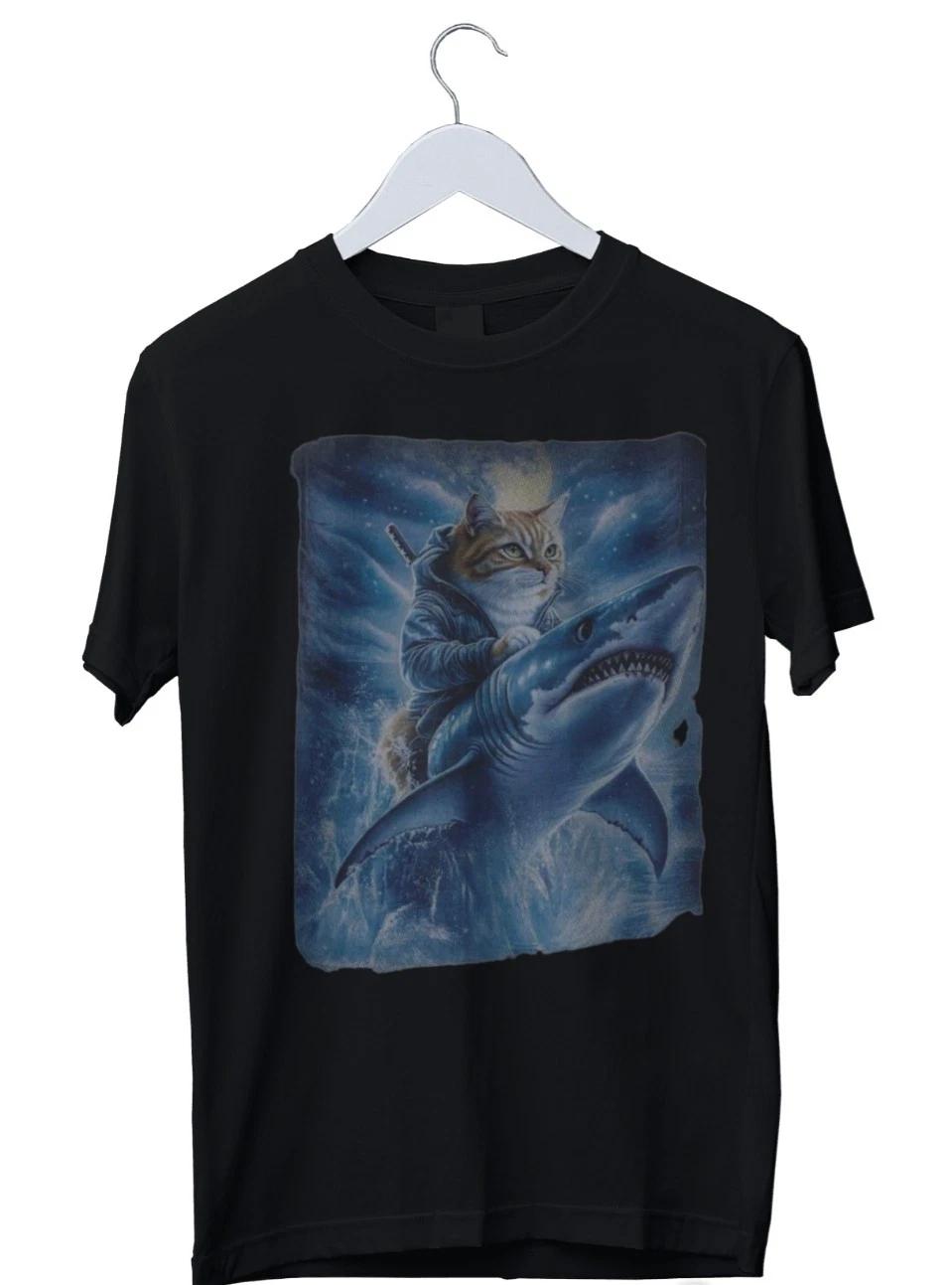 Unisex Adult Vintage Graphic Fny-cat riding shark t-shirt-vintage N... S