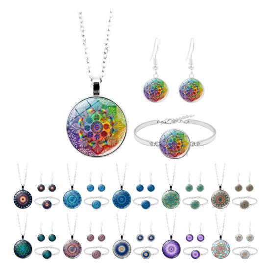 1 Set Women Jewelry Set Flower Print Glass Pendant Vintage Ethnic Style Prom Party Earrings Necklace Bracelet Combo Ideal Christmas Gift
