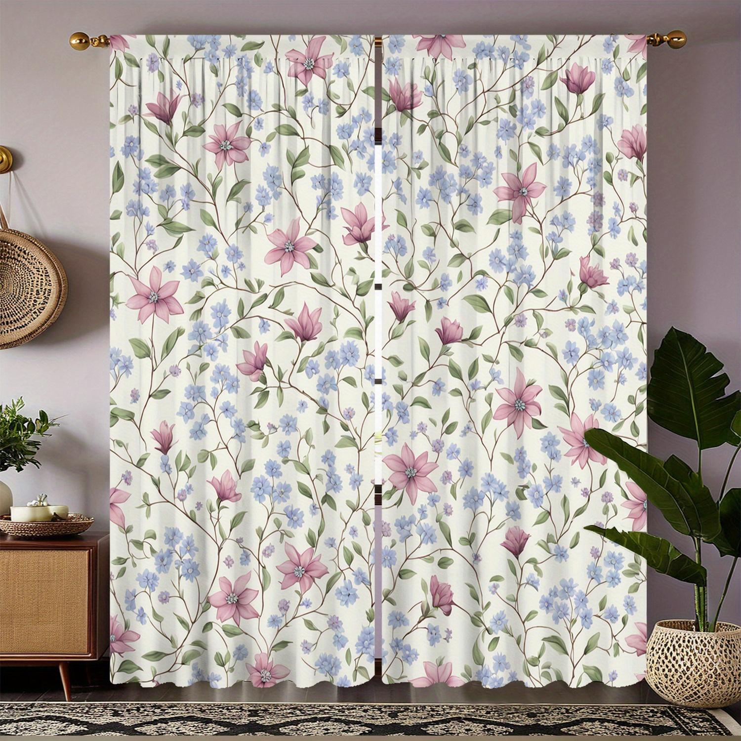 

2Pc Pink And Blue Floral Pattern Curtains, Polyester Fabric, Machine Washable, Suitable For Bedroom Living Room Decoration 53x116cm &2pc