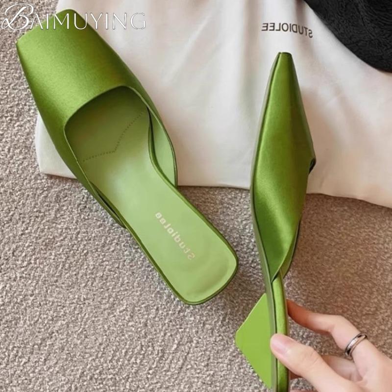 

Модные шлепанцы с квадратным носком, женские сандалии, туфли-мюли на высоком каблуке, лето 2025, дизайнерские повседневные шлепки, туфли на каблуке для вечеринки, туфли-слингбэки 40 зелёный