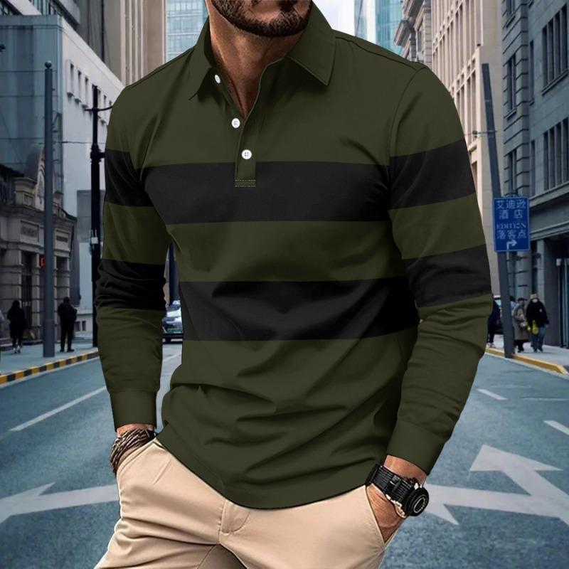 Męska koszulka polo w paski z długim rękawem, casualowy top