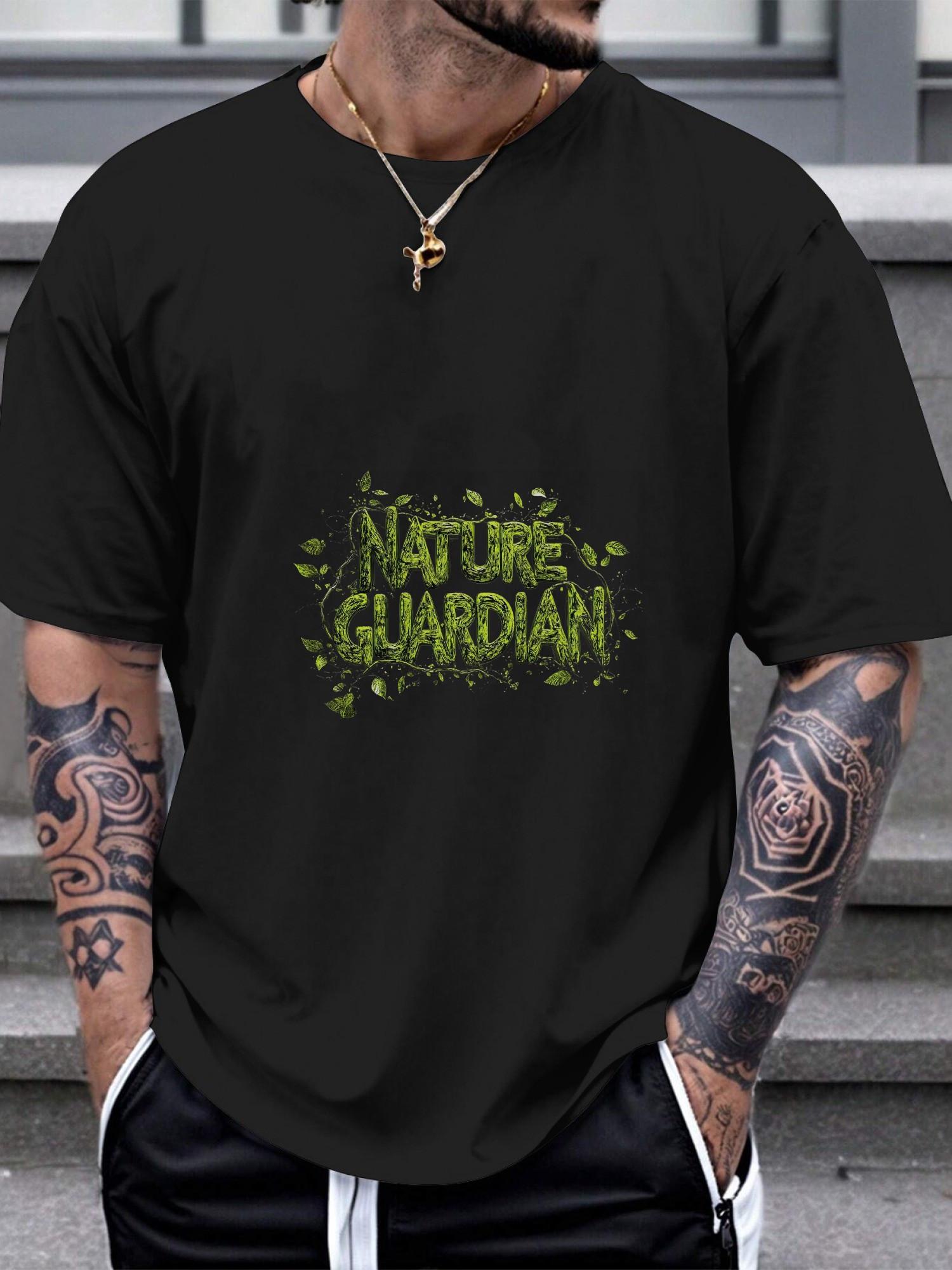 1pc Nature Guardian Casual Graphic T-shirt - Black with Vibrant Lime Green Geometric Print XXXXL