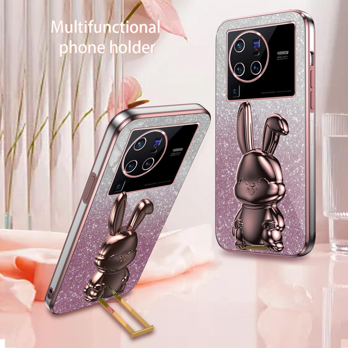 

For vivo X80 Pro 5G Cartoon Rabbit Kickstand Cover PC+TPU Cell Phone Cases Pink