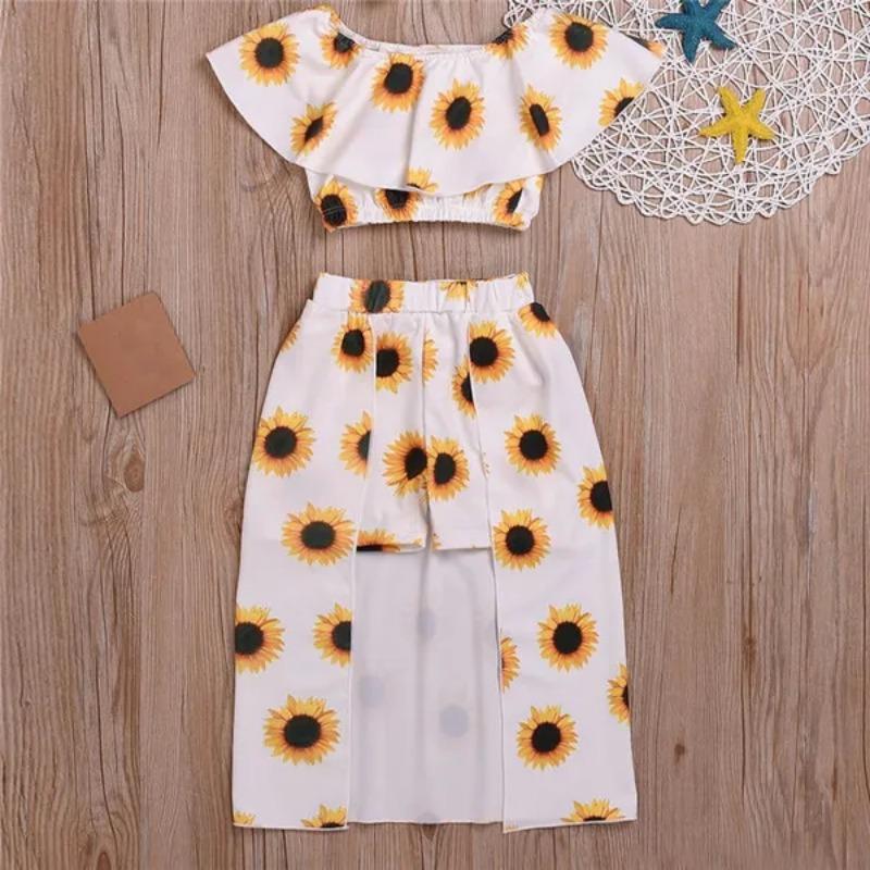 

Детские комплекты одежды для девочек с цветочным принтом, кроп-топ с открытыми плечами и юбка-кюлоты ( Не включает шляпы, сумки, очки) 80cm жёлтый