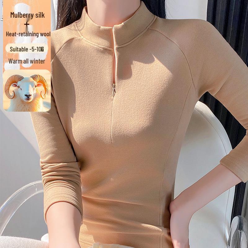 Women's Zipper Stand Collar Long Sleeve T-shirt - Autumn/Winter Warm Fashion Base Layer
