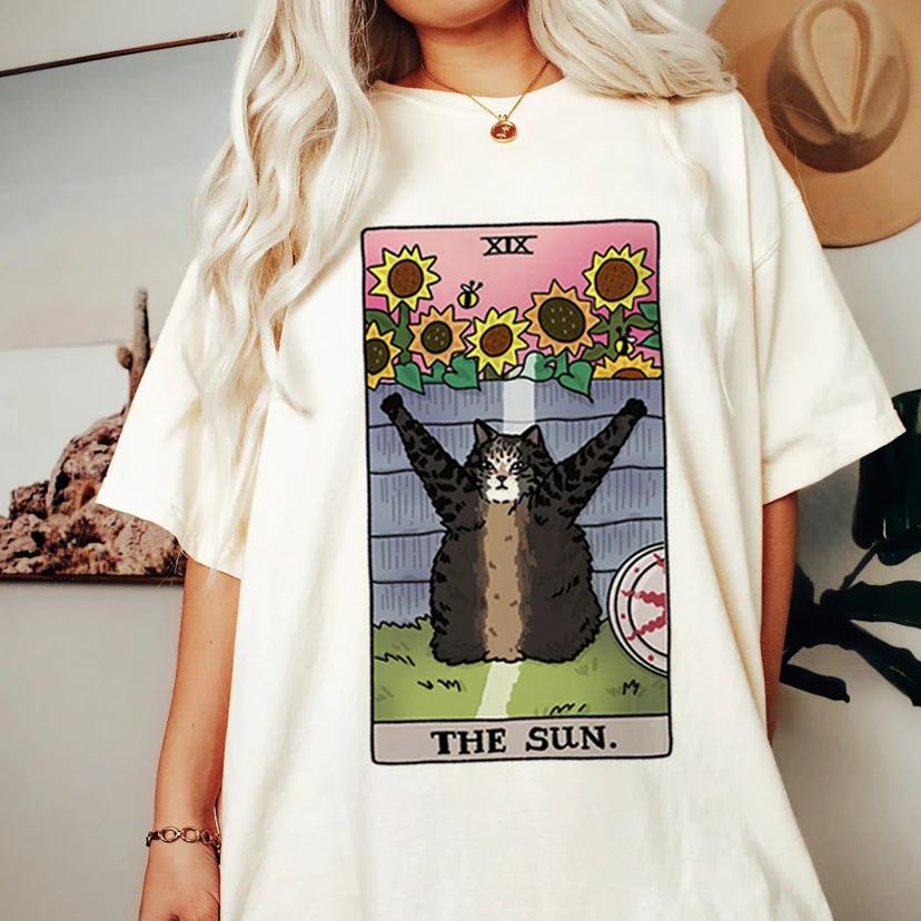 Fashion Tarot Cat Kawaii Womens Tshirt Womens Tshirt Cartoon Cute Pattern Tshirt Short Sleeve T Shirt Womens Plus Size S
