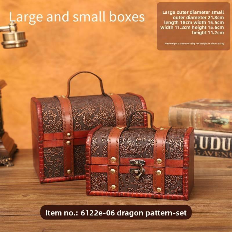 Retro Dragon Pattern Wooden Storage Box With Metal Lock For Storage Desktop
