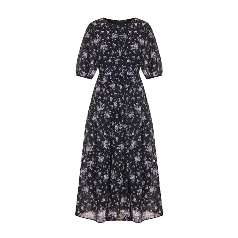Sally Flower Chiffon Round Neck Long Dress_I6B-Cop031