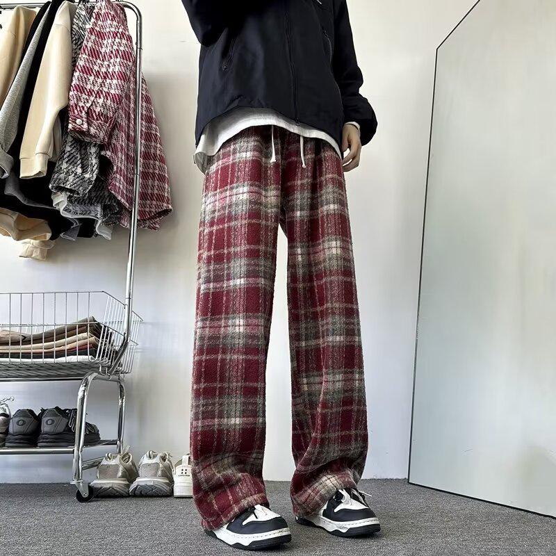 2024 Autumn/Winter Men's Trendy Plaid Woolen Loose Straight Trousers