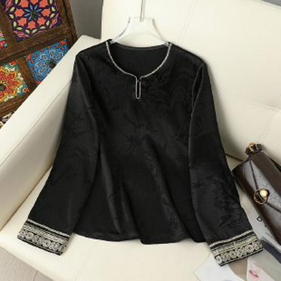 2026 Spring Ethnic Style Long Sleeve T-Shirt for Middle-aged Women 3XL чёрный