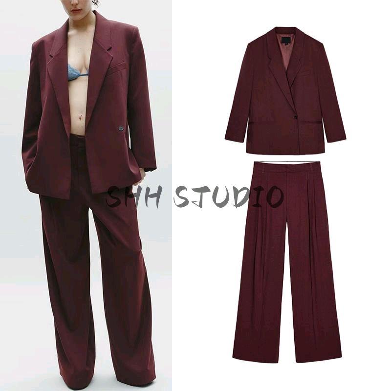 High Waist Strap Decoration Double Pleated Casual Pants 2180403 Double Breasted Loose Casual Suit Jacket 2010738