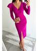 V-Neck Waist-Cinching Slit Solid Color Long Sleeve Dress