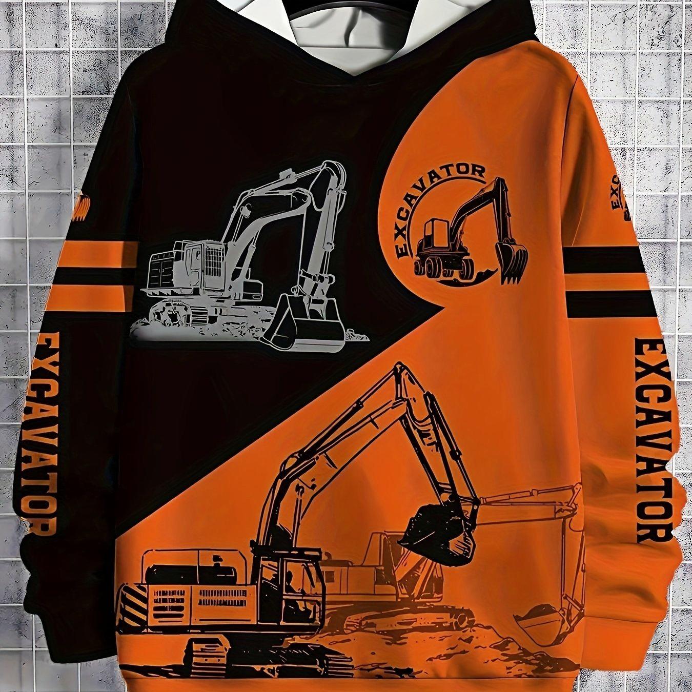

Boys contrasting excavator pattern printed hoodie, casual long sleeved hoodie, suitable for outdoor use 13-14Y