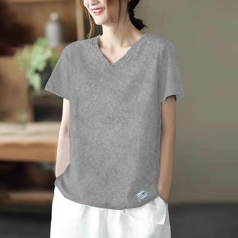 Belly-covering Shirt Loose Short-sleeved Summer New Versatile V-neck Design Labeling T-shirt Women