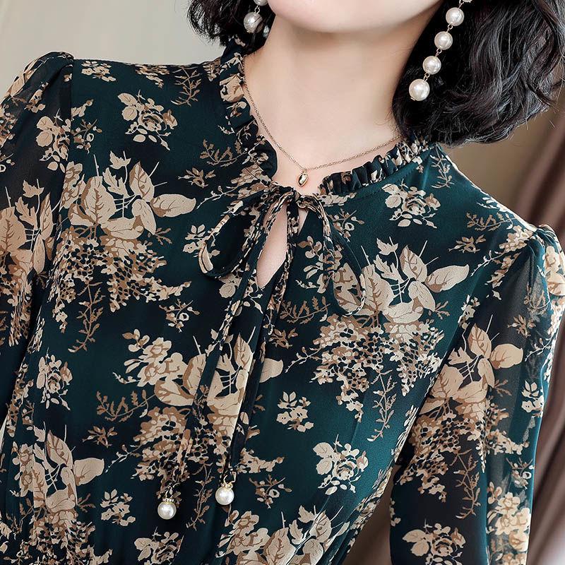 Women's Floral Chiffon Dress: Plus Size, Long Sleeve, Slimming Waist, Spring & Autumn Style