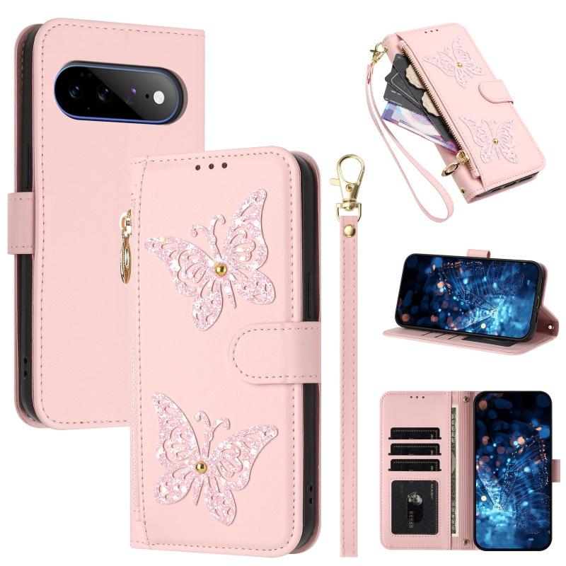 For Google Pixel 11 Pro XL 10A 10 9 9A 8 Sparkling Butterfly Zip Wallet Card Phone Case Lanyard Leather Flip Purse Holder Cover