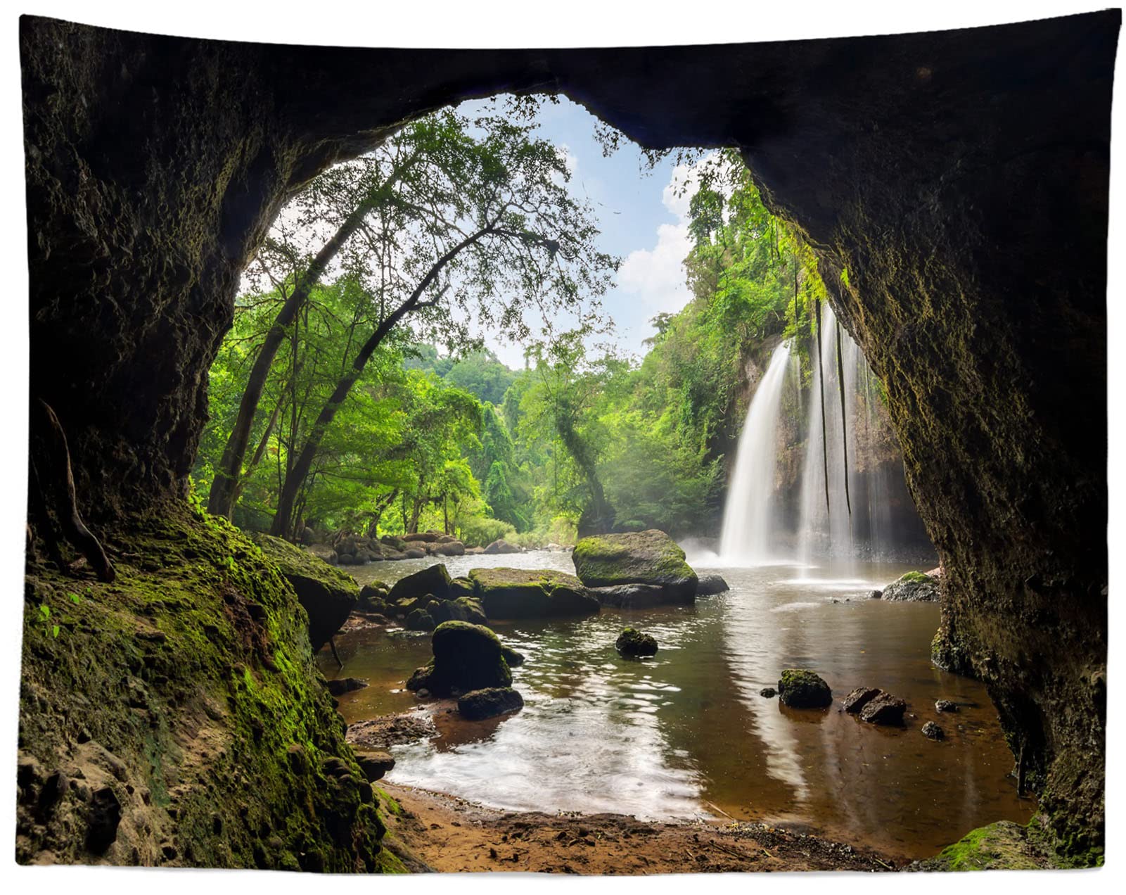 Mountain Cave Tapestry Wall Hanging Green Forest Waterfall Tapestry National Park Mountain And Lake Nature Tapestry Home Decor 70x100CM