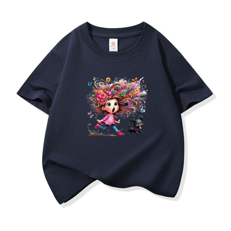 Kids Cotton T Shirt Colorful Hair Girl Running With Black Puppy Print Crew Neck Short Sleeve Tee Casual Boys Girls Summer Tops