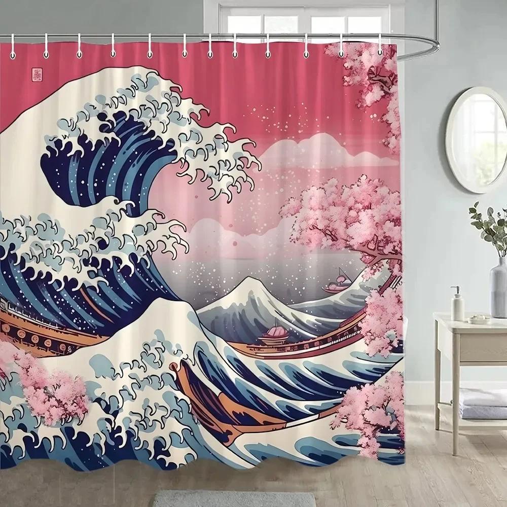 Duschvorhang im japanischen Stil Koi-Fisch Kirschblüte Sonne Meer Welle Oktopus Landschaft Polyesterstoff Vorhänge Badezimmerdeko