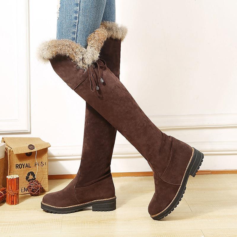 Warm Snow Boots Women Winter Shoes Suede Knee High Boots Ladies Fashion Low Heels Warm Fur Plush Long Boots Female