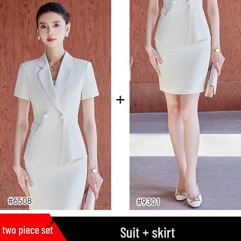 Women's Summer Short Sleeve Suit Set - Professional Skirt for Hotel Front Desk or Jewelry Store Workwear