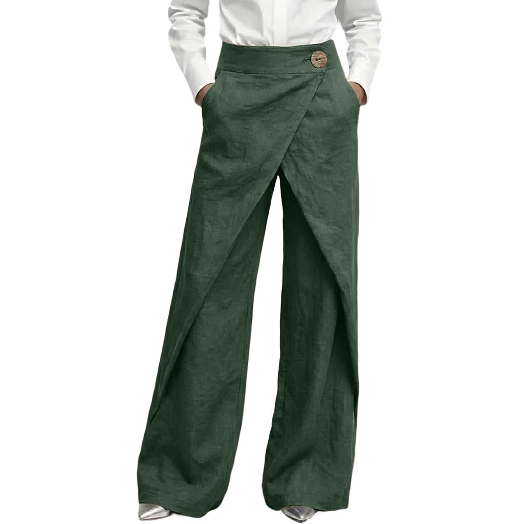 Weite Wickelhosen für Damen Hohe Taille Knopf Lockerer Schnitt Hose mit Taschen für Freizeit und Büro