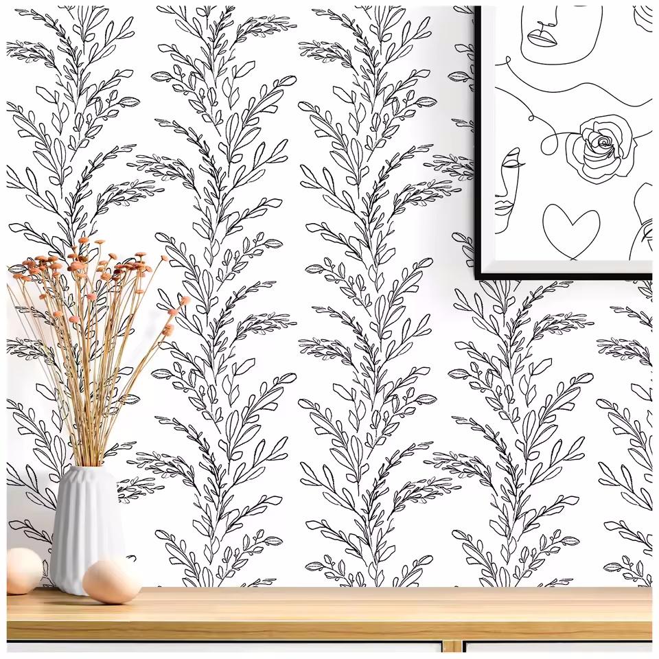 

Removable Self Adhesive Wallpaper for Bedroom,Sketched Floral Wallpaper,Peel and Stick,Black White Vinyl Mural,Wall Decor 2mx45cm(78.7x17.7in)