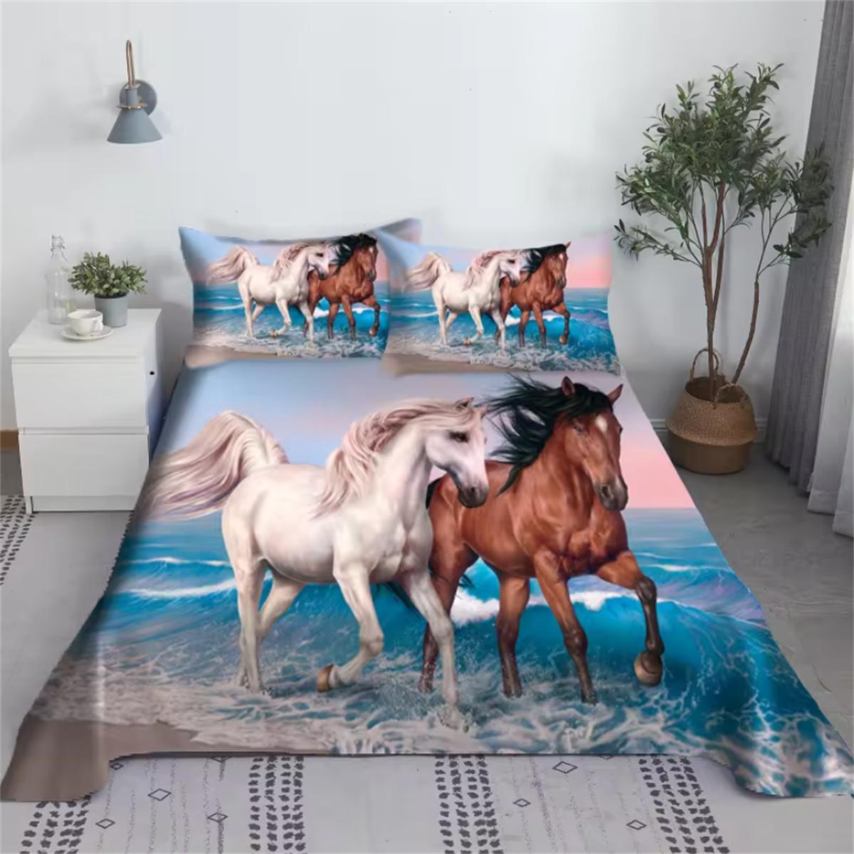 Set Lenzuolo Tigre o Cavallo Stampa Digitale Poliestere Lenzuolo Piano da Letto con Federa Stampa Biancheria da Letto EU Double200x200cm