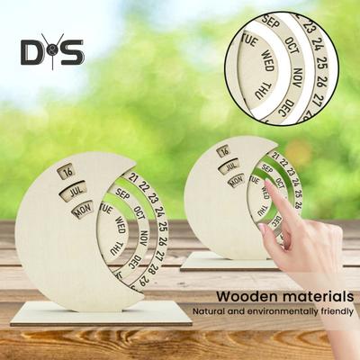 Wooden Rotating Circular Perpetual Calendar Manual Rotatable Disc Calendar Desk Decor for Home Office School