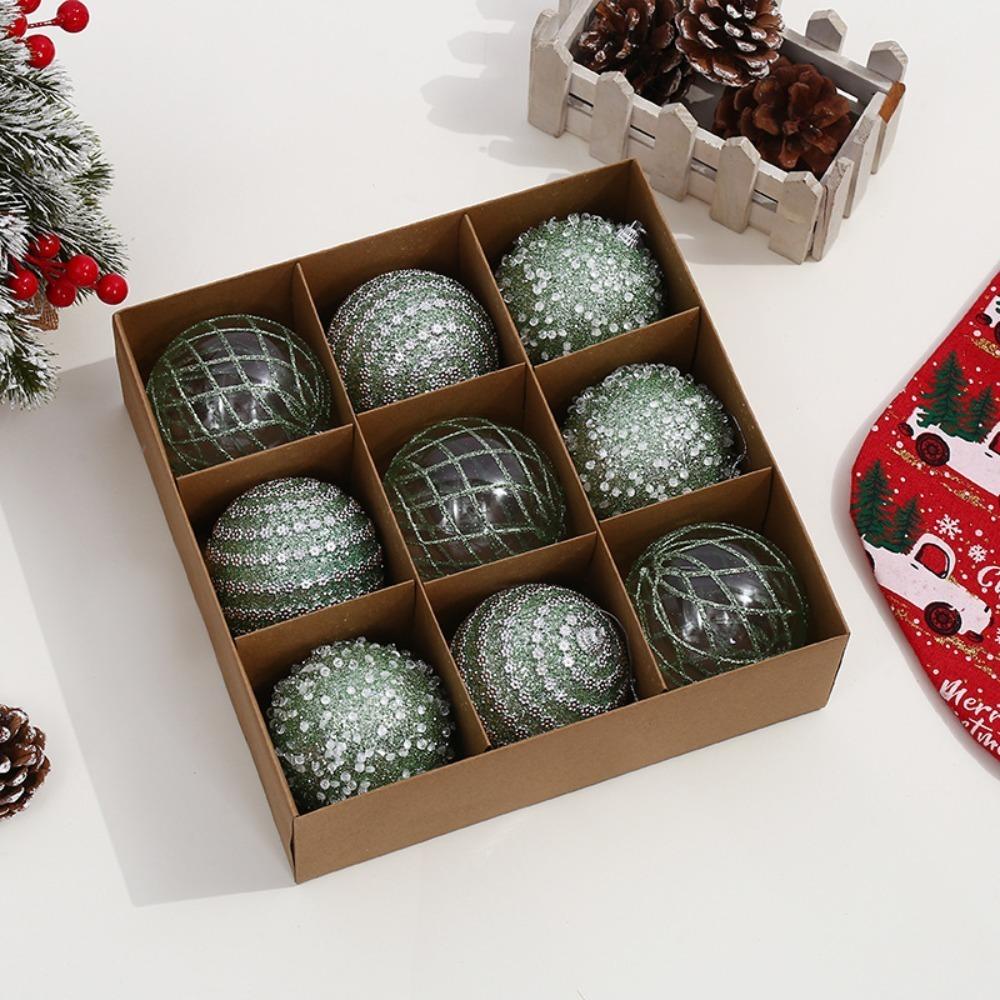 9Pcs/Box DIY Crafts Xmas Tree Ornament Party Supplies Plastic Painted Ball Christmas Balls Pendant Creative Lace