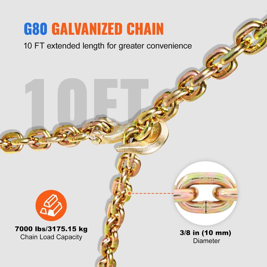 Chain and Binder Kit 3/8"-1/2" Ratchet Load Binder 3/8" X 10' Chain 2 Pack