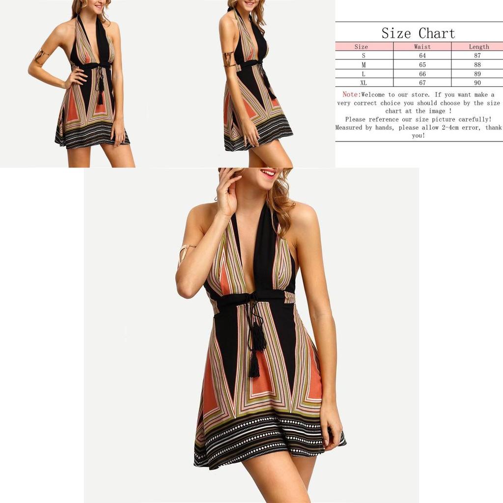 Sexy Deep Vneck Hanging Neck Short Skirt Womens Backless Beach Dress With Cotton Blend Fabric