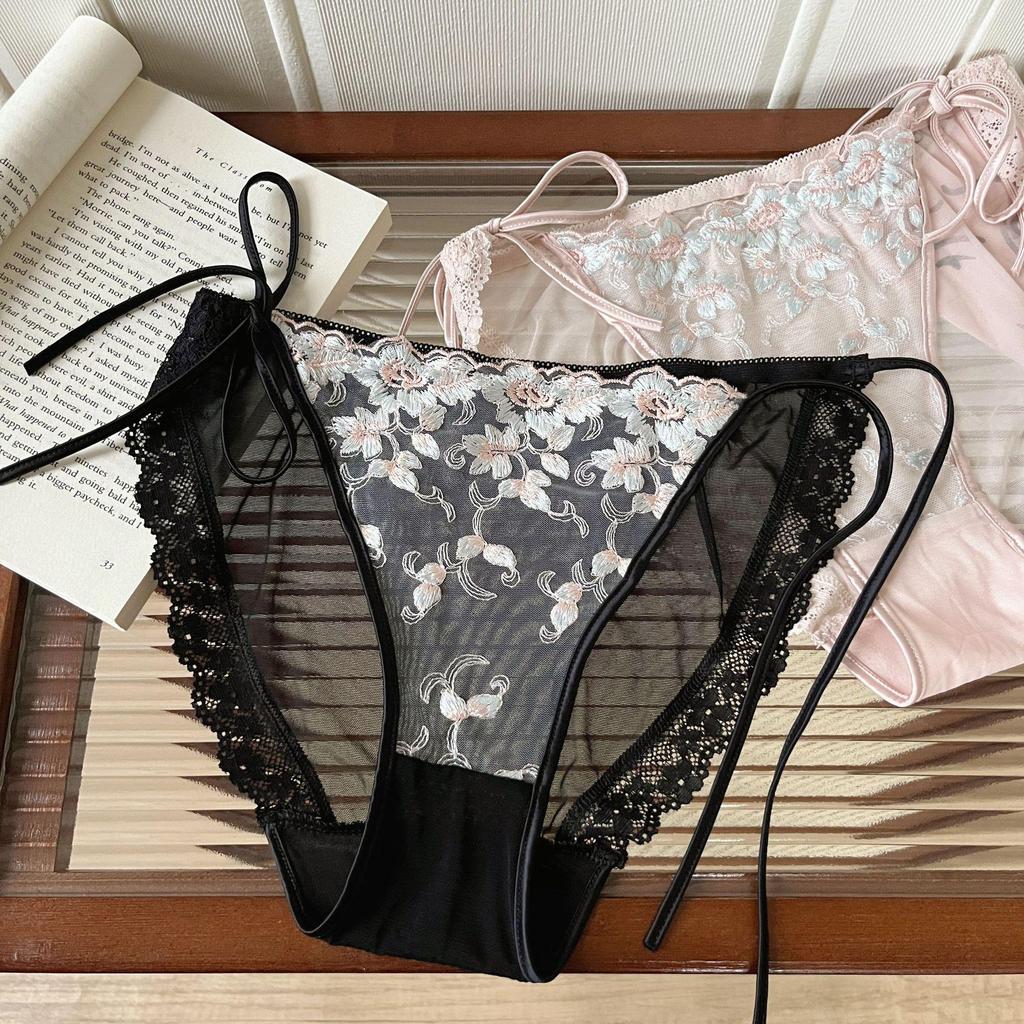 Blooming Mist French Lace Tie-Up Panties: Side Lace-Up, Breathable Cotton Crotch, Triangle Briefs