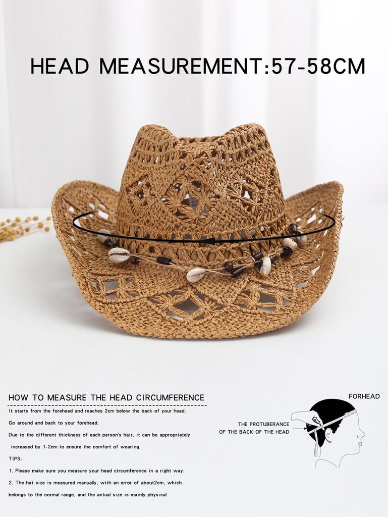 Boho Women Straw Cowboy Hat With Shell Decor Hollow Out Sun Hat