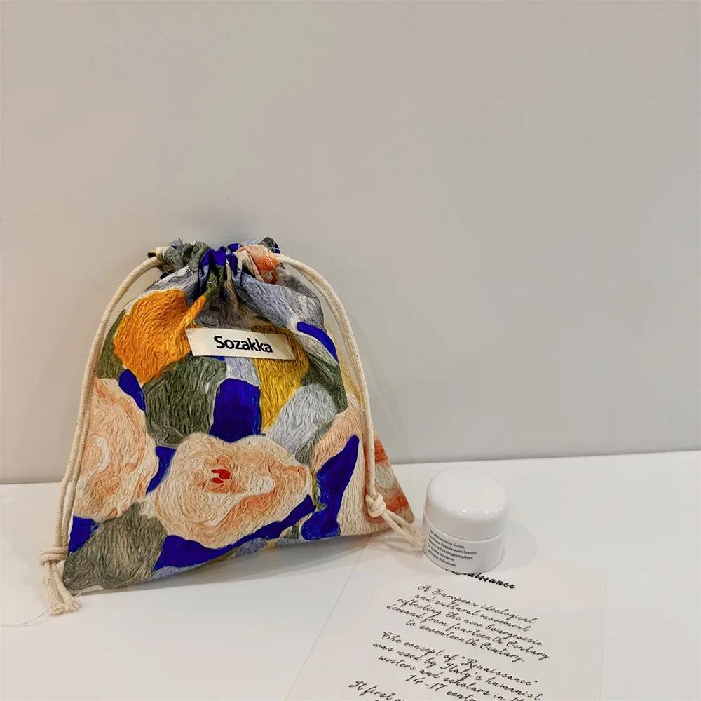 Small Cotton Fabric Floral Drawstring Bags Coin Pocket Bags Purse Keys Earphone Storage Bag Lipstick Toiletry Makeup Organizer