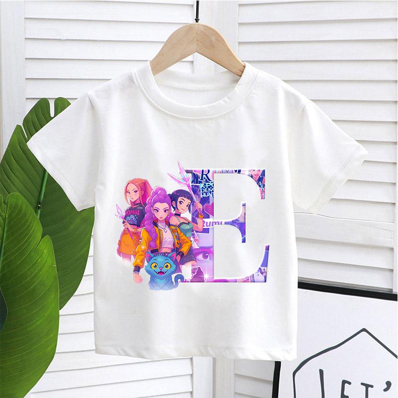 KPop Demon Hunters White T-shirt for Children A-Z Letters Tee Top Cartoon Round Collar Clothes Kids Short Sleeve Clothing Gift