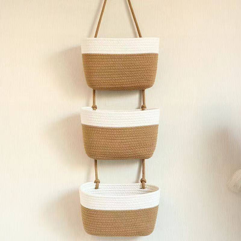 Farmhouse Wall Hanging Storage Basket With Three Layers For Dorm Room Organization