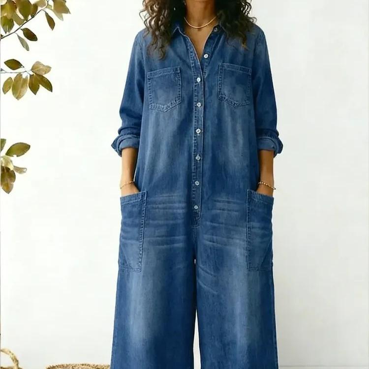 Abito Camicia Lungo in Denim da Donna a Manica Lunga con Mezza Abbottonatura Singola Tasca Ampio Tinta Unita Casuale Abito Tunica