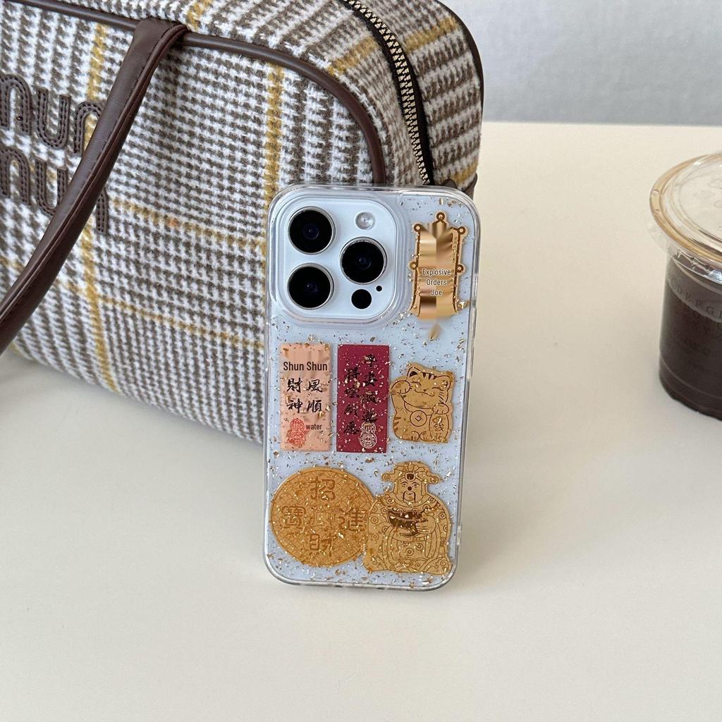 Chinese God of Wealth Gold Foil Epoxy Phone Case for iPhone 13, 14, 15, 16 Pro Max & 17 Air - Drop-Proof Design