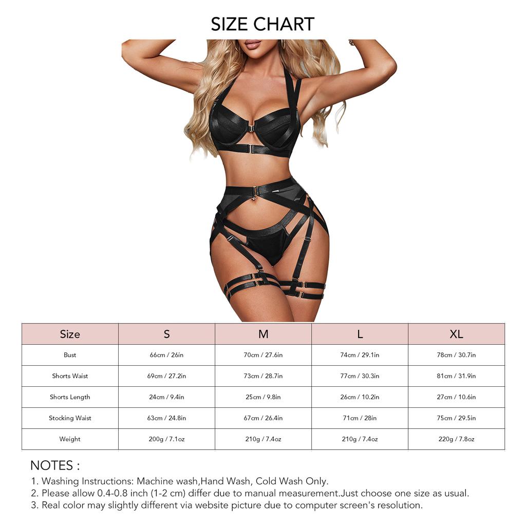 Women Strap On Lingerie Set Underwire Bra Garter Belt Leg Loops Strappy Splicing Nightwear Black S
