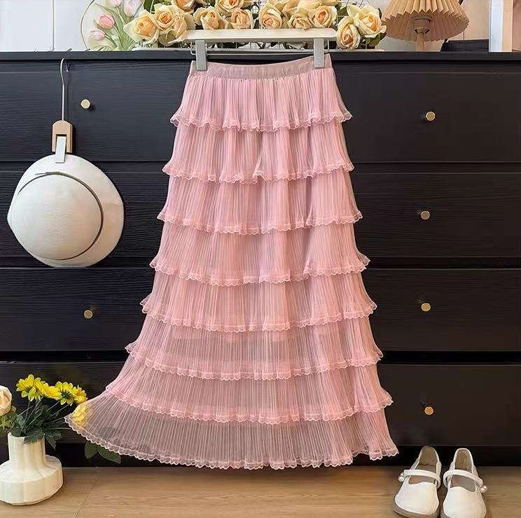 Elegant Autumn Layered Mesh Cake Skirt - Women's Slim-Fit Long Fluffy Gauze Umbrella Skirt