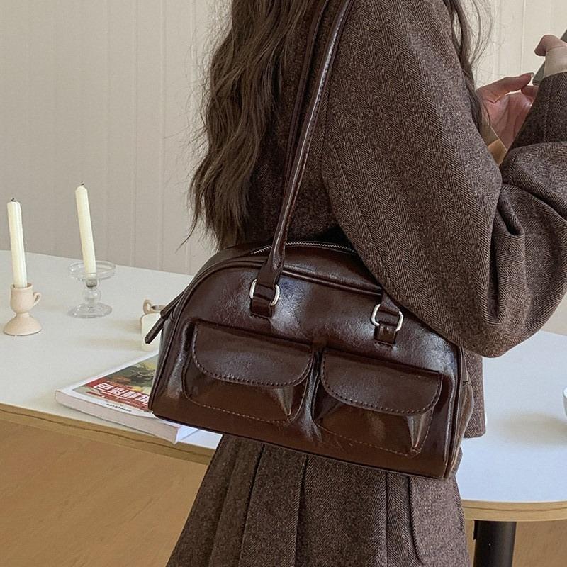 New Bag Women's Niche Retro Single Shoulder Portable Underarm Bag Oil Wax Leather Bag Double Bag Casual