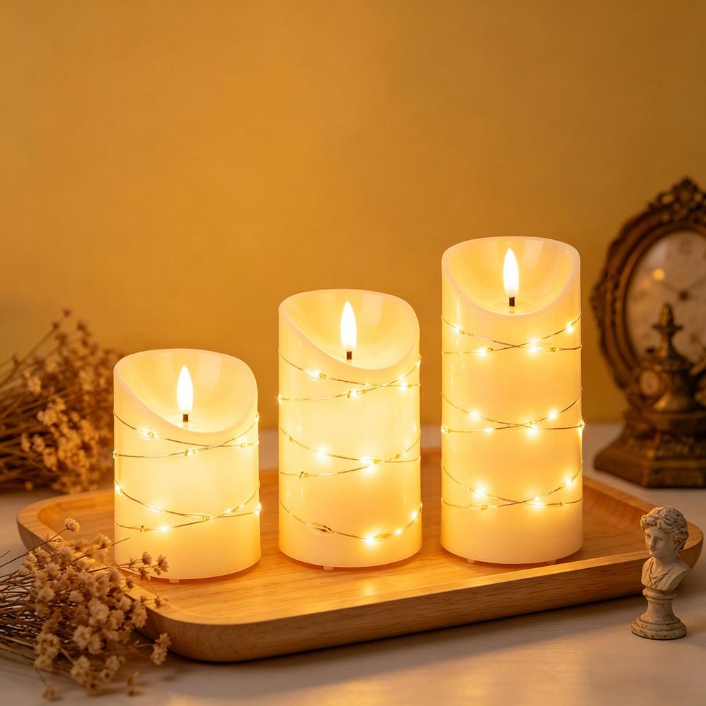 Wave-Edge LED Flameless Candles with Fairy Lights Set