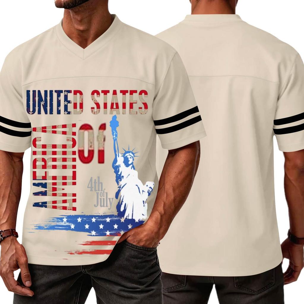 Men's Casual V Neck Short Sleeve Sports Shirt with Graphic Print Independent Day Themed Lightweight Athletic Tee for Outdoor and Everyday Wear